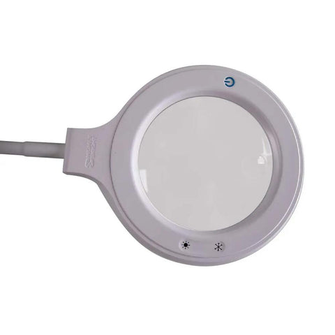 Led Task Light With Magnifier Lamp Clip-On Or Free-Standing Color-Adjustable top view of magnifying lens with power button
