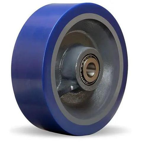 Heavy Duty Spring Loaded Caster Featuring Smooth 12 By 4 Superlast Polyurethane Wheel, Forged Steel Plate Mount, 200 Lb Load Capacity, Rolls Like Butter, Built Like A Tank - blue polyurethane wheel close-up.