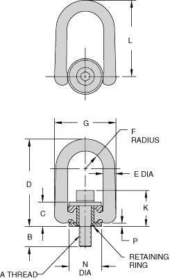 Technical diagram of Heavy Duty Swivel Hoist Ring With 360 Degree Swivel And 180 Degree Pivot Load Rating 2500 Lbs Black Oxide Finish
