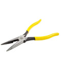 Heavy Duty 8 Inch Needle Nose Pliers With Extended Handles For Tight Spaces Long Nose Side Cutters And Alligator Pliers Induction Hardened Cutters Forged In USA Built Tough For Power And Precision, showing yellow handles.