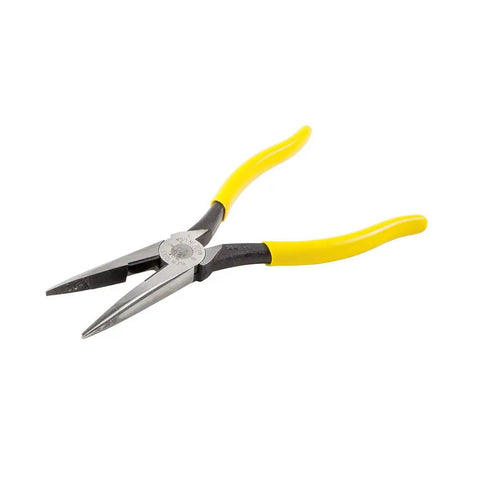 Heavy Duty 8 Inch Needle Nose Pliers With Extended Handles For Tight Spaces Long Nose Side Cutters And Alligator Pliers Induction Hardened Cutters Forged In USA Built Tough For Power And Precision, showing yellow handles.