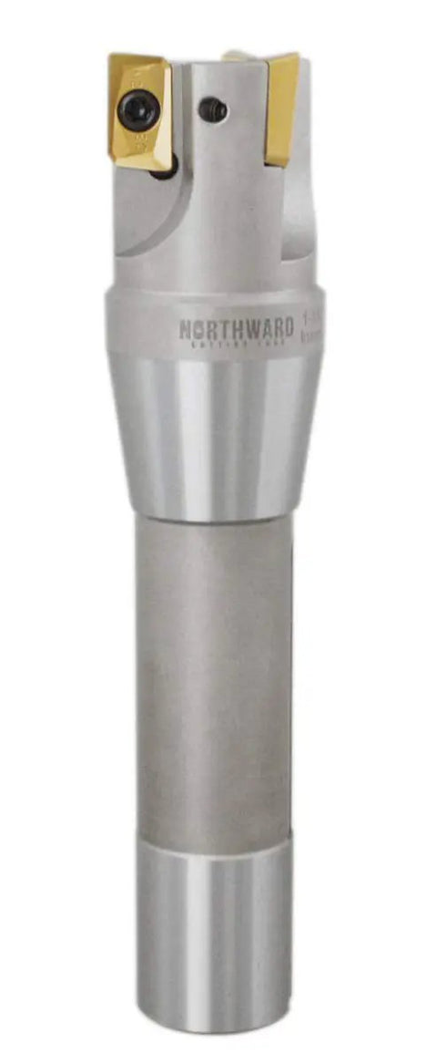 1-1/4 Inch By 5-27/32 Inch 90 Degree R8 Shank Indexable End Mill With Three APKT1604 Tin Coated Carbide Inserts Installed Positive Rake Right Hand Cut Pro Grade Milling Tool For Aluminum And Steel