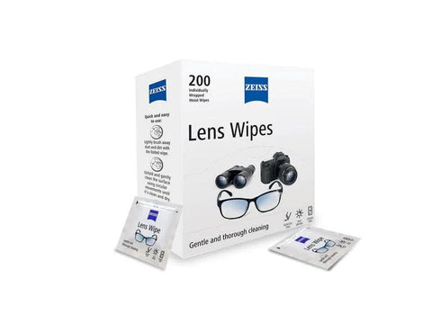 ZEISS Pre-Moistened Lens Cleaning Wipes box, 200 count, front view with two sachet packets
