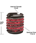Close-up of EZ-329-4 Thread Repair Kit insert showing dimensions, internal 1/4-20 and external 7/16-14 threads, carbon steel material.