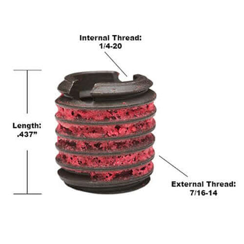 Close-up of EZ-329-4 Thread Repair Kit insert showing dimensions, internal 1/4-20 and external 7/16-14 threads, carbon steel material.