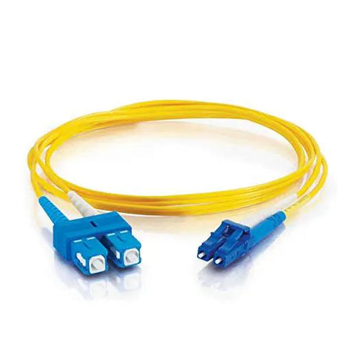 Super Snappy Gigabit Ethernet OS2 Fiber Optic Cable Featuring A Badass Pull Proof PVC Jacket With A Solid LC To SC Connector Design Measuring Nine Point Eight Feet Long In Bright Yellow For Ultimate Network Reliability And Fast Data Transmission Speeds.