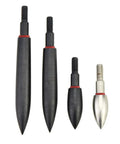 Set of 4 black stainless steel screw-in arrow tips, part of 12 Pcs Archery Field Points Set Screw In Arrow Tips 100 150 200 250 300 350 Grain Black Stainless Steel 9 64 Inch Diameter Easy Install For Target Practice And Training, showing various weights.