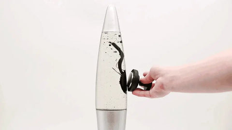 Retro Rocket Ship Ferrofluid Lava Lamp With Magnetic Black Wax In Clear Liquid, 15 Inch Tall, Silver Aluminum Base And Cap