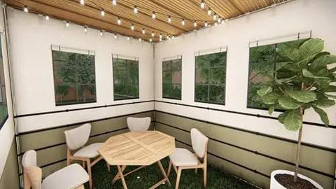 10x12 Ft Deluxe Sukkah Shelter For Sukkot Gatherings With Weatherproof Fabric Walls Bamboo Schach Roof Magnetic Screen Door No Sweat Butter Smooth Quick Setup interior view with seating and lights