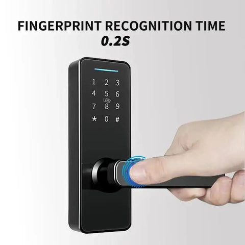 Smart Door Lock With App Remote Unlocking Keyless Entry Electronic Deadbolt featuring illuminated touchscreen keypad and fingerprint scanner.