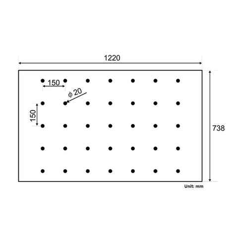 Diagram of perforated table top with 20mm holes, suitable for Light Duty Bar Clamp Set For Woodworking, 1220x738mm dimensions shown.