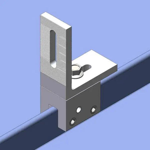Rock Solid L Bracket Standing Seam Metal Roof Clamp For Solar Panel Rig Setup mounted on a metal rail, showcasing aluminum construction.