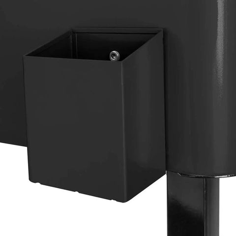 Close-up of black cap catch on 80 Quart Rolling Cooler Cart On Wheels With Dual Tops Built In Bottle Opener And Cap Catch Handy Shelf Portable Bar For Outdoor Patio Party And Backyard BBQ Ready In Black Keeps Ice Cold Up To 48 Hours With Ice Sheet.