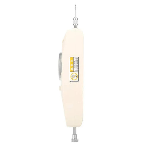 Handheld 50N Analog Push Pull Dynamometer With Dial Gauge, side view of beige plastic body and metal hooks