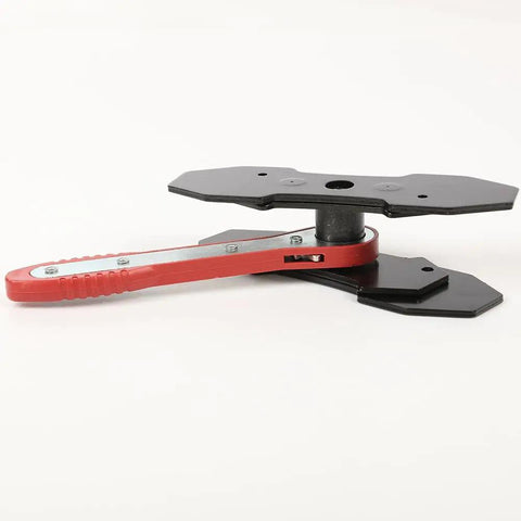 Side view of 4 In 1 Universal Disc Brake Caliper Tool With 360 Degree Piston Spreaders showing steel plates and red handle.