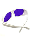 Heavy Duty Yellow Laser Safety Glasses Serving Straight Up Tough Eye Armor For 560 To 600nm Wavelengths With OD 6 Plus Coverage built with white frame and purple lenses.