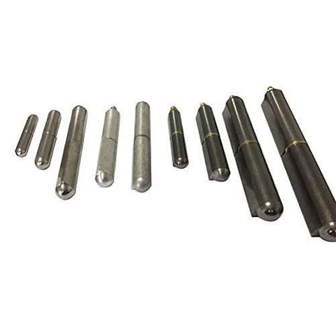 Various sizes of heavy duty weld-on bullet hinge for weldable steel, stainless steel, aluminum, and brass with brass bushing.