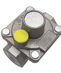 Front view of gas regulator for natural gas line; metal body with yellow adjustment cap.