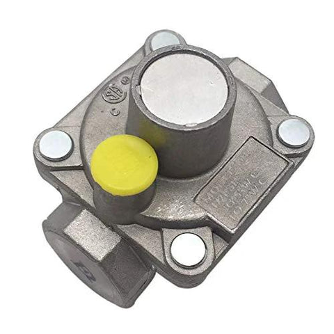 Front view of gas regulator for natural gas line; metal body with yellow adjustment cap.