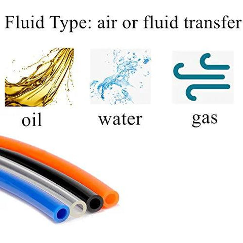 Set of four 1/4" OD PU pneumatic tubing hoses in blue, orange, black, and clear.