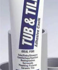 Polyseamseal Tub And Tile Adhesive Caulk For Bathrooms And Kitchens, 5.5 Ounce Cartridge, Built To Last Sealant tube on gray background.