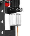 Close-up of the hydraulic mechanism on the Beefy 30 Ton H Frame Air Hydraulic Shop Press with Hand Winch and Pin Kit