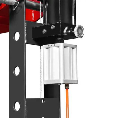 Close-up of the hydraulic mechanism on the Beefy 30 Ton H Frame Air Hydraulic Shop Press with Hand Winch and Pin Kit