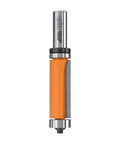 Pro Grade Flush Trim Router Bit With Double Bearing, 3/4 Inch Diameter, 2 Inch Cutting Length, 1/2 Inch Shank, Down Shear Design For Smooth Cuts In Curves, Dual Carbide Tips For Built To Last Performance, shown in full view with orange body and metal parts.
