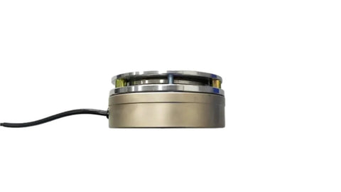 Side view of electromagnetic brake for forklift handling equipment, model 03-214A, round metal housing with black wire.