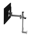 Rock Solid Wall Mounted Aluminum Swivel Monitor Arm With Full Extension Bracket For Heavy Duty Industrial Desk Setup with black display.