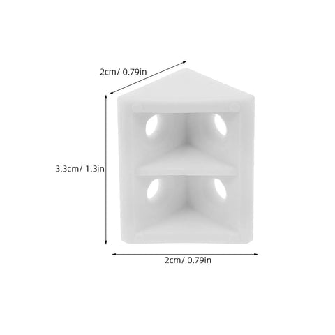 Heavy Duty Plastic Corner Braces For Cabinets And Shelves 20 Pack White 4 Hole Corner Connectors angle view with dimensions