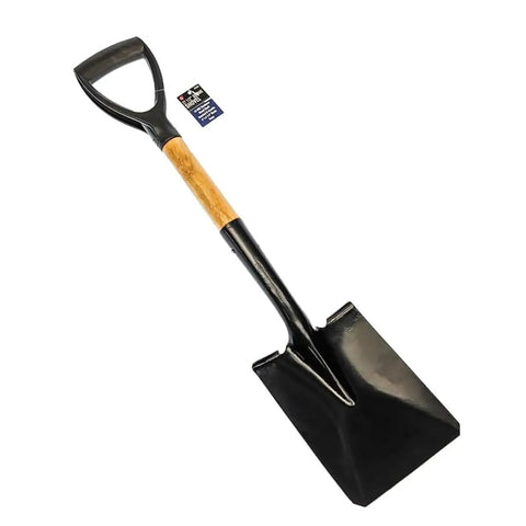 Heavy Duty Square Shovel With 27 And A Half Inch Steel Blade And Wood Handle 45 HRC Hardness Knurled D Handle 8 Inch By 6 Inch Scoop