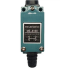 Front view of ME-8169 Silver Contact Limit Switch 5A/250V AC label visible, durable build for automation systems.