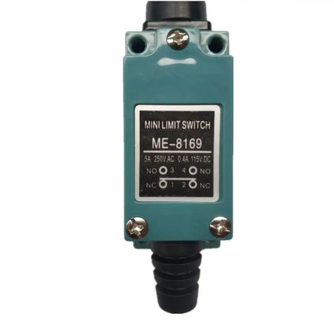 Front view of ME-8169 Silver Contact Limit Switch 5A/250V AC label visible, durable build for automation systems.
