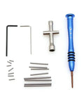 Thinking Process: RC car screw box kit with blue repair tool, metal bits and hex keys, white background