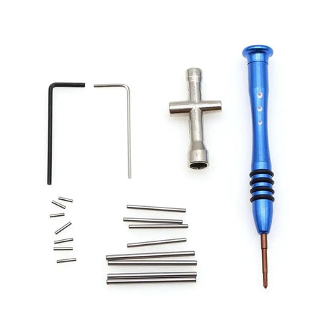 Thinking Process: RC car screw box kit with blue repair tool, metal bits and hex keys, white background