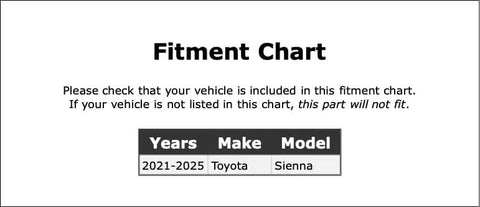 Fitment chart showing compatibility for Straight Swap Drive Motor Inverter Cooler Water Pump For Toyota Sienna 2021 To 2025.