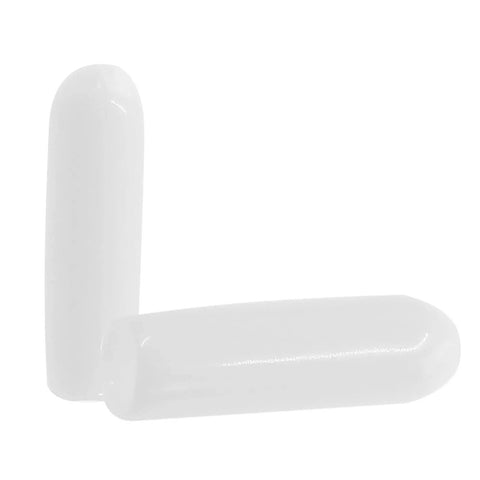Two white rubber screw thread end caps for floor protection, 3mm diameter, ideal for DIY workspaces and home makeovers.