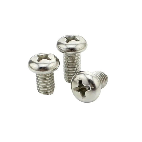 Three 10-32 X 7/8 Inch 304 Stainless Steel Cross Recessed Pan Head Phillips Machine Screws for Heavy Duty DIY and Industrial Assembly.