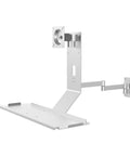 Industrial Monitor Mount And Keyboard Tray Featuring Slick Multi Angle Swivel Arm With Foldable Design For Zero Sweat Setup And Ultimate Clean Desk Flex In Your Premium Work Space Setup, silver finish, wall-mounted.
