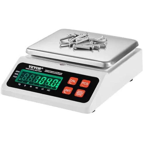 Industrial Counting Scale for Parts and Coins With 10 Kg Capacity, showing LED display and stainless steel pan with screws