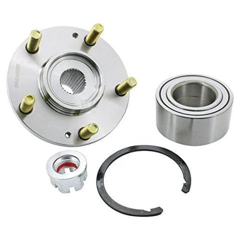 WA930566K Front Wheel Hub Bearing Module Kit For OE Fitment Direct Fit Replacement With All Necessary Install Components Hassle Free Install OEM Spec Quality Tested For Proper Operation Cross Reference Moog 512392 And SKF BR930566K showing individual components with metal finish and install parts.