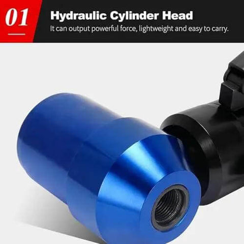 Close-up of blue hydraulic cylinder head from Portable Hydraulic Hole Punch Kit With Six Dies For Drilling Holes In Mild Steel Plates And Metal Sheets.