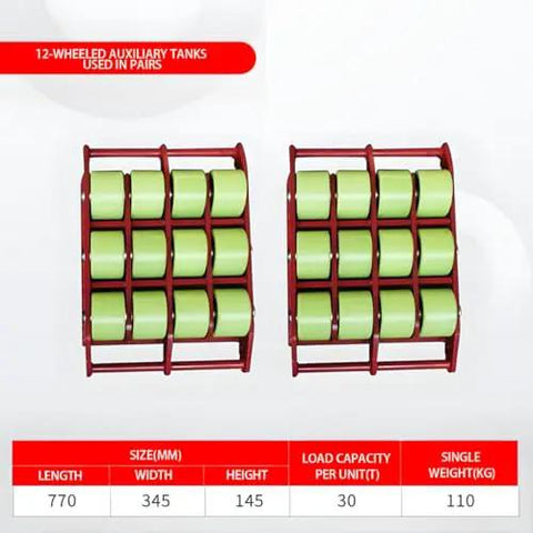 12-wheeled auxiliary tanks with green PU wheels, size 770x345x145mm, load capacity 30, designed for heavy-duty use.