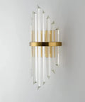 Modern Clear Crystal Wall Sconce With Slick Diamond Etching And Bright Up Down Lighting For Bedroom Foyer Or Dining Nook Top Shelf Gold Hardware Fast Mount Good Vibes Smooth Room Refresh, side angle view, sleek gold frame, 21 inch design