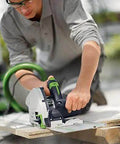 Precision Plunge Saw Featuring Slick Blade Swap Tech And Anti Splinter Guard For Crisp Cuts On Any Build, user performing a cut