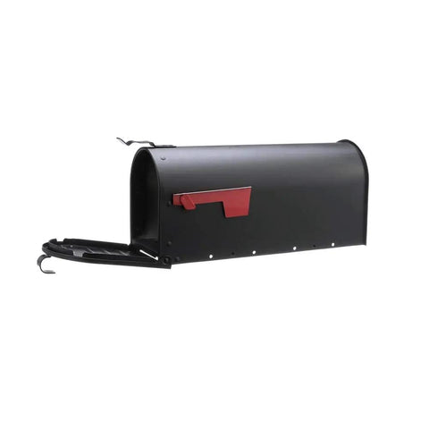 Admiral Aluminum Textured Black Post Mount Mailbox With Rust Proof Aluminum Construction, open door, side view