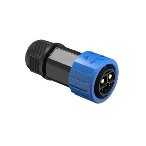 Rock Solid M23 8 Pin Waterproof Wire Connector IP67 Rated in blue and black, designed for e-bike charger setups.