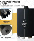 Front view of 6-inch dry/wet masonry core bit with SDS Plus adapter; insets show diamond grit and 5/8-11 threaded arbor.