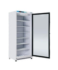 Legit 21 Cubic Feet Glass Door Freezer With Digital Temp Control And Adjustable Shelves Heavy Duty Steel Exterior open with empty shelves.